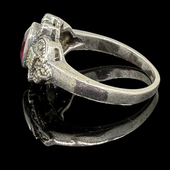 Antique Style Created Ruby Marcasite Ring 925 Sterling Silver Size 9.5 - Picture 6 of 8